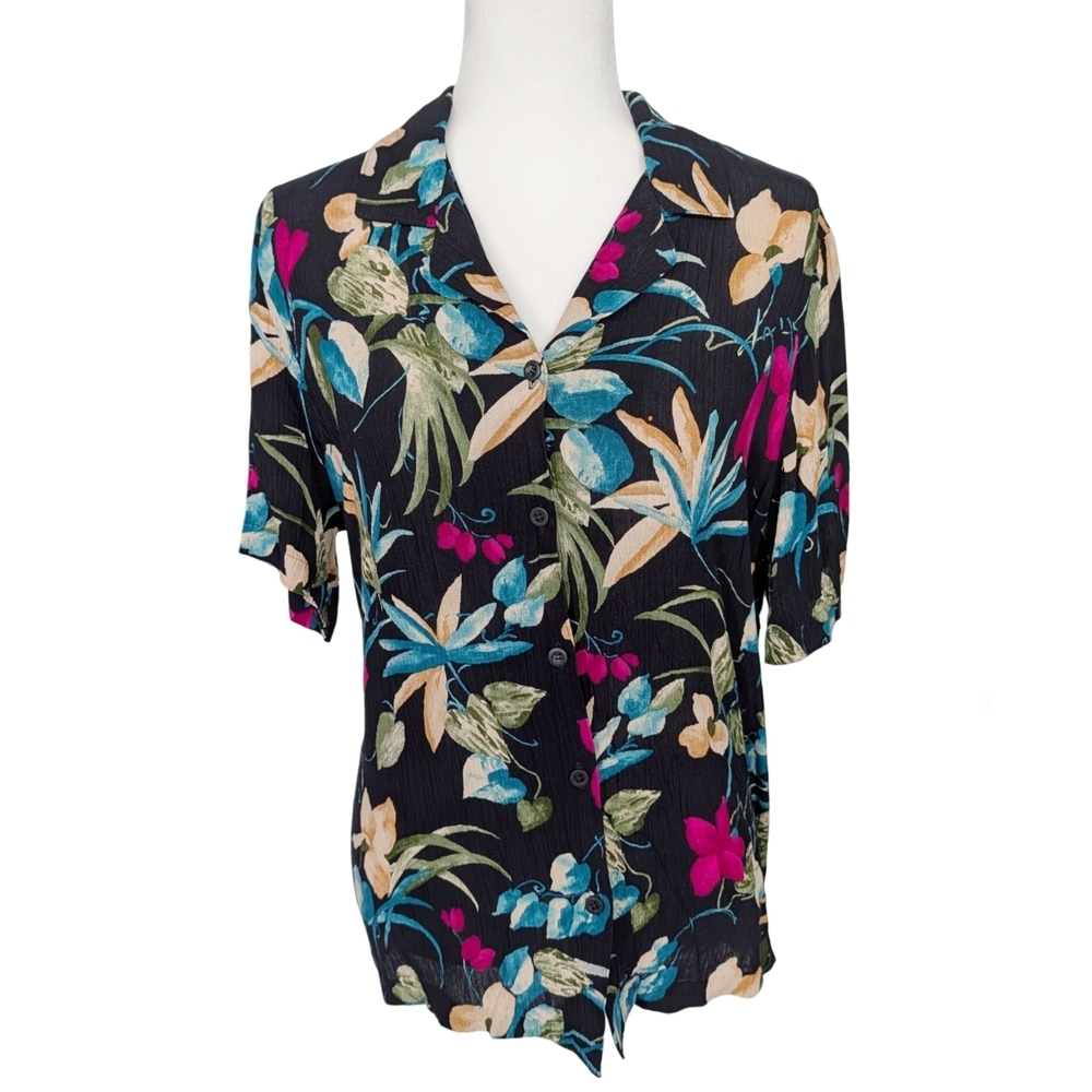 Alfred Dunner Black Vintage Tropical Floral Button Up Shirt Size 16